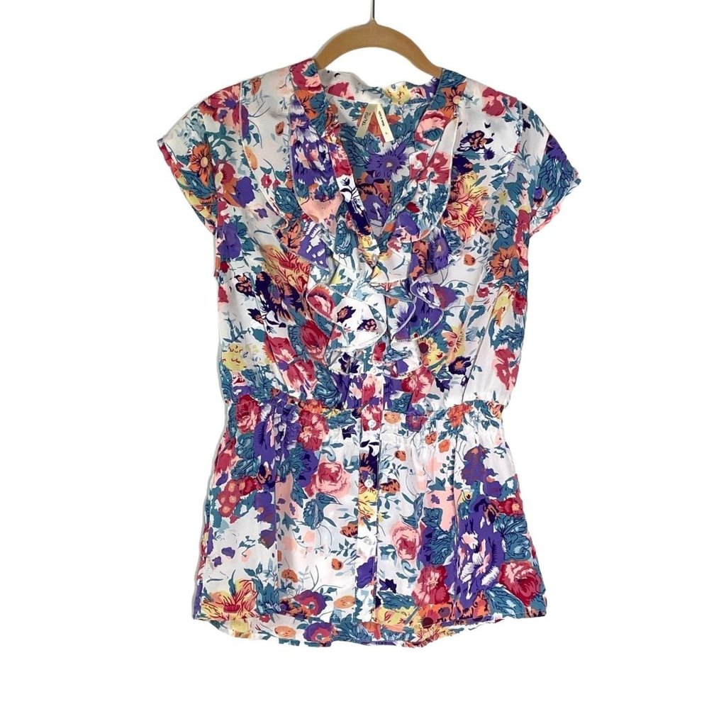 4/$25 Truth NYC Top Blouse Floral Front Button Ruffle Cap Sleeve Women Sz L